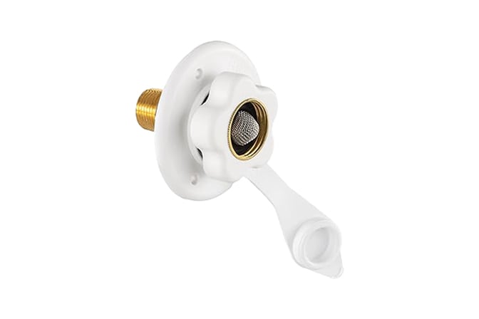 RV gravity fill water inlet port for vehicle exterior mount