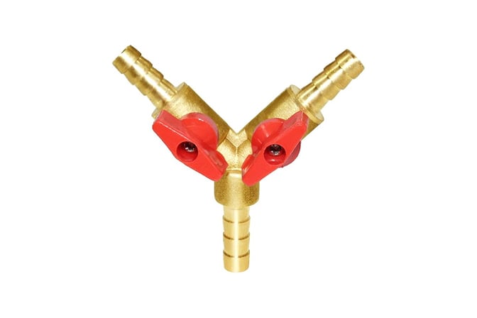 3/8 inch Y-shaped barb hose splitter with shutoff valve