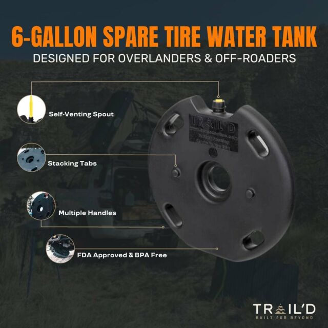 Discover the Ultimate Water Storage Solution for Your Off-Road Adventures! Introducing Trail'd 6-Gallon Spare Tire Water Tank – Designed for Overlanders & Off-Roaders.

✅ Self-Venting Spout: Say goodbye to messy spills! Our self-venting spout ensures a hassle-free pouring experience, even on rugged terrains.

✅ Stacking Tabs: Maximize space efficiency! The stacking tabs allow you to securely stack multiple water tanks, optimizing storage in your off-road vehicle.

✅ Multiple Handles: Easy handling, wherever you go! The Trail'd water tank features multiple handles, ensuring convenient transportation and pouring.

✅ FDA Approved & BPA Free: Your safety is our priority! Rest assured, our water tank is FDA approved and made from BPA-free materials.

🌐 Shop Now: www.trailedonline.com

🌟 Tag a Someone Who Loves Adventure! Share the Gift of Trail'd Water Tank Today! 🎁