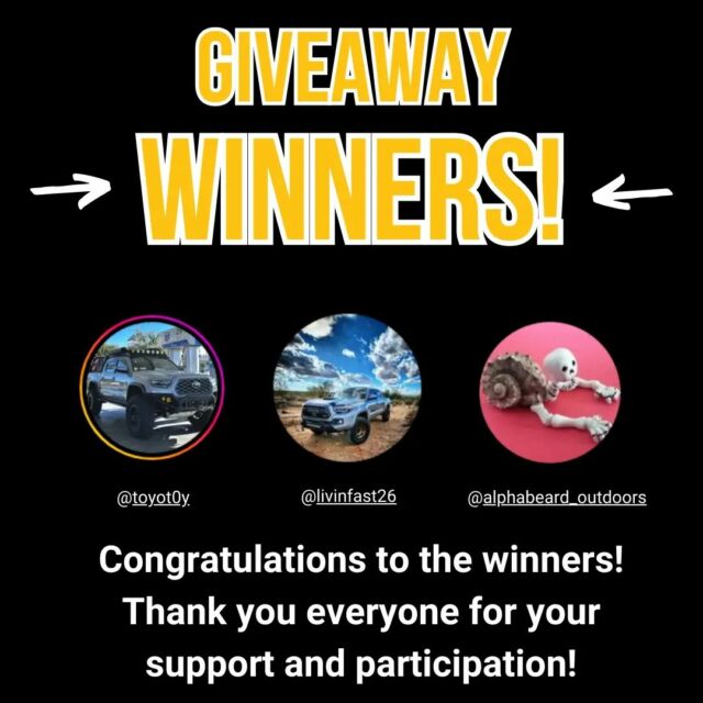 We are pleased to announce the 3 lucky winners from the @trailedonline @peakrefuel @blackbeardfire Giveaway…..

@toyot0y 🎉 6 Gallon Water tank from Trail’d (valued at $199)

@livinfast26 🎉 Basecamp Bucket from Peak Refuel (valued at $165) 

@alphabeard_outdoors 🎉 Gift Card worth $150 from Black Beard Fire Starters.

Winners, please send us a message to claim your prize 🏆 

Congratulations to these 3 winners and thank you everyone for your participation!
