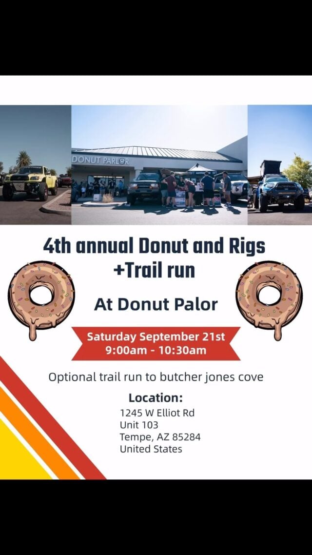 Tempe, AZ Donuts & Rigs with @daily.4r coming soon! Come out and support your local community and make some new friends. There will be a trail ride following if you want to join. Butchers Jones Trail is around Saguaro Lake which is one of my favorite places in the area. 

We will be there with the new Boondocker for you to check out, and one lucky person will be taking it home! We’ll see you there!!!