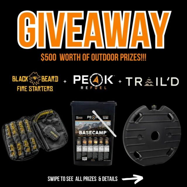 @trailedonline @blackbeardfire and @peakrefuel have teamed up for a HUGE giveaway!🎉

We have over $500 dollars in prizes to Giveaway! 💵💵💵💵💵

Rules: To enter, all you have to do is like this post,  follow @trailedonline @blackbeardfire and @peakrefuel
And tag someone you would go camping with in the comments! 

For BONUS entries: Tag more friends and/or Share this post 👍

The Prizes: 6 Gallon Water tank from Trail’d (valued at $199), Basecamp Bucket from Peak Refuel (valued at $165) and a Gift Card worth $150 from Black Beard Fire Starters.😲

This Giveaway will run FRIDAY through SUNDAY and close on Sunday night at 11:59pm

3 lucky Winners will be chosen at random 🎰 

IMPORTANT!!!!!!🚫
The winners will be POSTED and contacted by THIS ACCOUNT! Do not respond to any other account that is not the official Trail’d or Black Beard Fire Starter account.